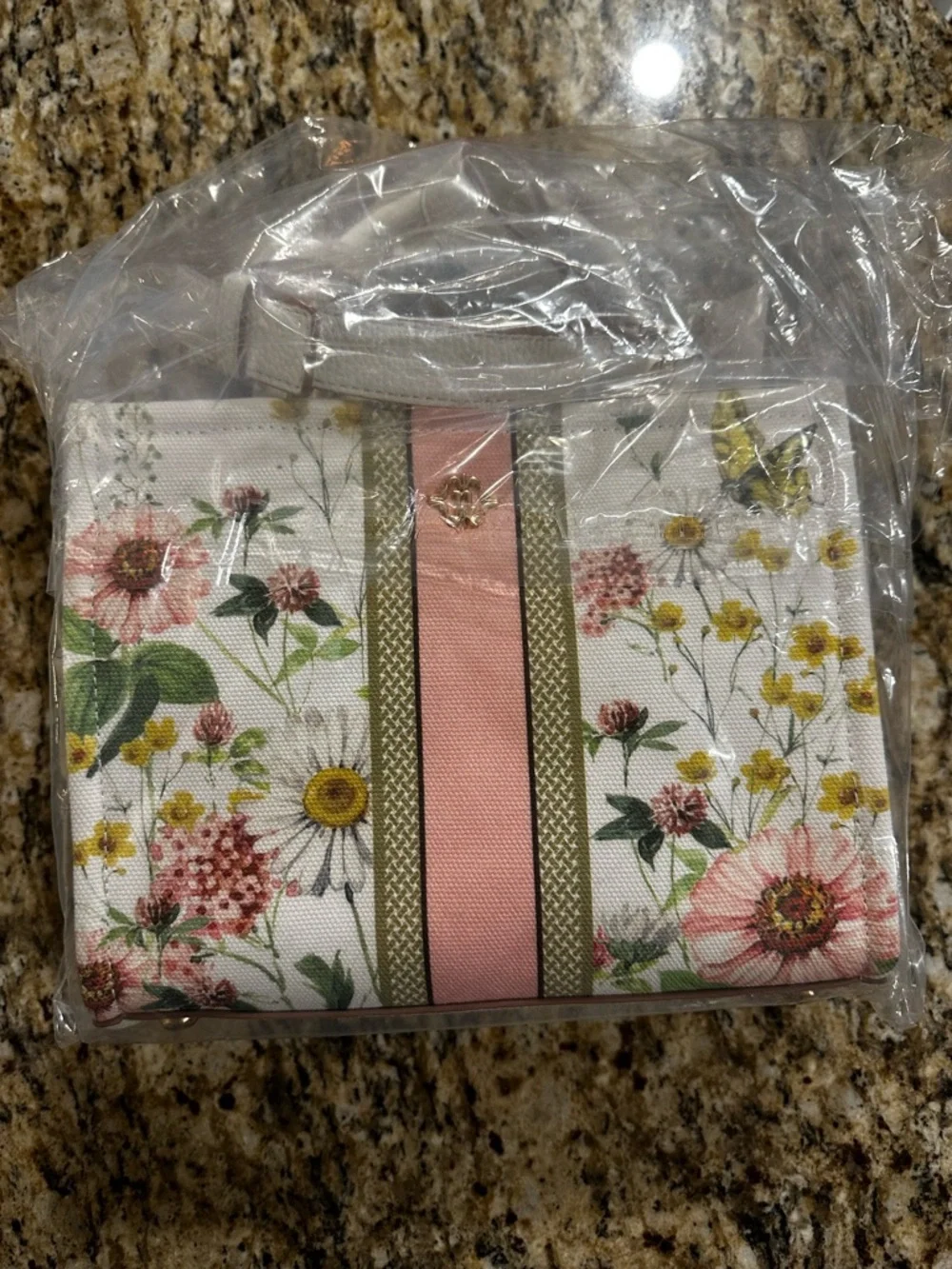 Nanette Lepore White Floral Satchel with Pink and Green Stripe - Picture 3 of 15